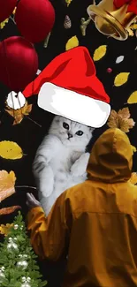 Cat in Santa hat with holiday decorations.