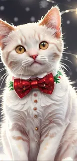 Festive cat in red bow tie with lights and snowflakes in background.