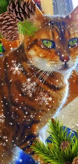 Festive cat with snowflakes and pine cones in a winter-themed wallpaper.