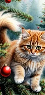 Cute tabby cat among Christmas tree branches with ornaments.