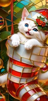 Cute white cat in Christmas stocking with colorful ornaments.