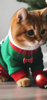 Cute cat in a festive green sweater and red scarf next to a Christmas ornament.