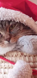 Cat wearing a Santa hat in a wicker basket, offering a festive look.