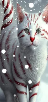 Festive cat with red stripes playfully stands in snow.