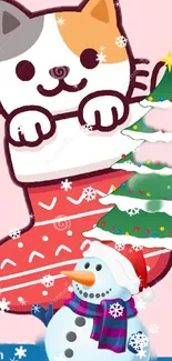 Festive wallpaper of cat in stocking with snowman and Christmas tree.