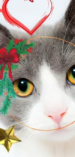 Cute cat with festive decorations and heart graphic on white background.