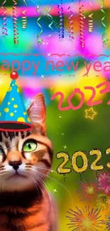 Colorful new year wallpaper with festive cat and fireworks.