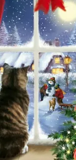 Cat gazing at winter snowman through decorated window.