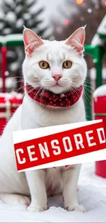 Festive white cat in snow with red scarf.