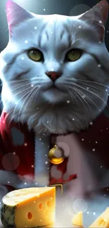 Festive cat in Santa suit with cheese slice on mobile wallpaper.