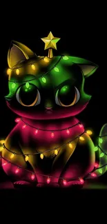 Cute festive cat wrapped in colorful Christmas lights.