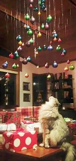 Fluffy cat watching colorful ornaments hanging in a festive room.