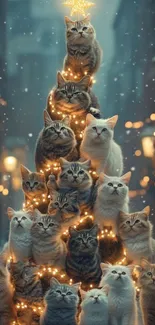 Cats stacked like a Christmas tree with festive lights.