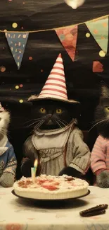 Five cats in party hats at festive celebration.