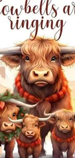 Festive cattle with wreath and scarves in a holiday-themed illustration.