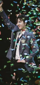 Man celebrating with confetti on stage, creating a festive atmosphere.