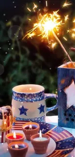 Festive table setting with sparklers, candles, and strawberries on a vibrant background.