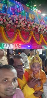 Indian festive celebration with flowers and lights.