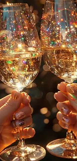 Two champagne glasses in a festive setting.