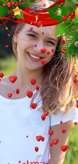 A festive Christmas wallpaper with holiday decorations and a smiling woman.