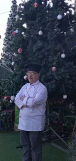 Chef standing by a Christmas tree outdoors, decorated for the holiday season.