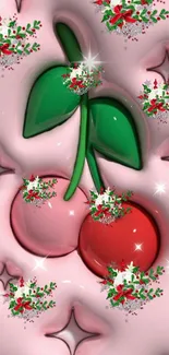 Festive cherry wallpaper with pink background and holiday decoration.