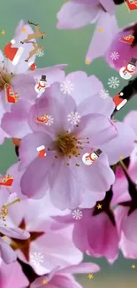 Festive cherry blossoms with holiday decorations, snowmen, and Santa hats.