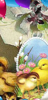 Colorful wallpaper with Easter chicks and vibrant balloons.