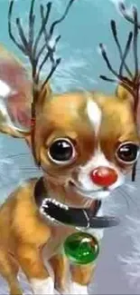 Chihuahua with reindeer antlers in a snowy background.