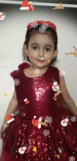 Festive child in red dress with holiday decorations.