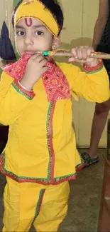 Child in Krishna outfit playing flute, vibrant colors.