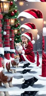 Child in Santa costume with cats in festive scene.