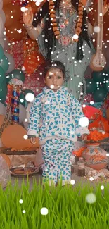 Child in festive attire with colorful decorations and snowfall effect.