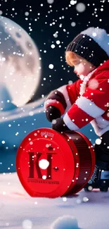 Child in red coat with snowflakes and full moon in winter scene.