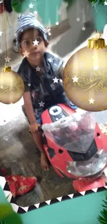 Child on a toy bike with festive decorations.