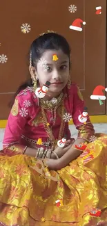 Child in traditional attire with festive decorations on colorful wallpaper.