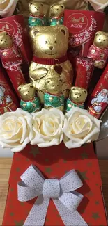 Luxurious chocolate bouquet with gold bears and red accents, perfect for gifting.