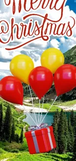 Festive Christmas scene with balloons and scenic landscape.