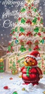 Cute bear in Christmas scenery with snow.