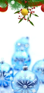 Festive mobile wallpaper with blue ornaments and snowflakes.