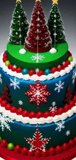 Festive Christmas cake with colorful designs and tree decorations.