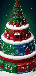 Festive Christmas cake with decorations and star topper in vibrant colors.