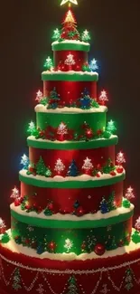 Festive Christmas cake with lights and decorations for wallpaper.