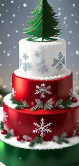 Three-tier Christmas cake with snowflakes and tree.