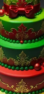 Festive cake with red and green layers adorned with gold accents.