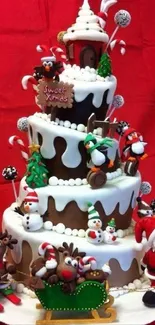 Christmas cake with Santa and reindeer decorations on a red background.