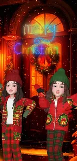 Festive cartoon image with two characters celebrating Christmas.