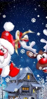 Santa and Rudolph cartoon Christmas wallpaper with a snowy scene.