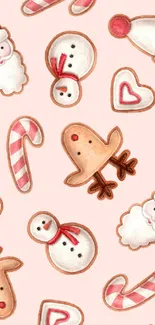 Festive Christmas wallpaper with Santa, reindeer, snowmen, and candy canes.