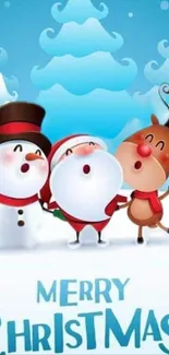 Cartoon Christmas scene with Santa, snowman, and reindeer in a snowy landscape.